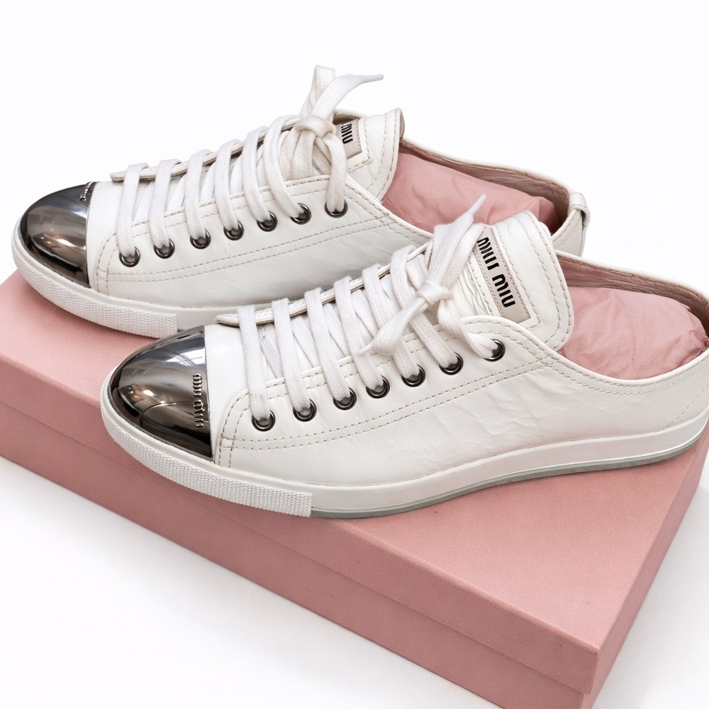 Miu Miu White Leather Sneakers with Silver Toe Caps